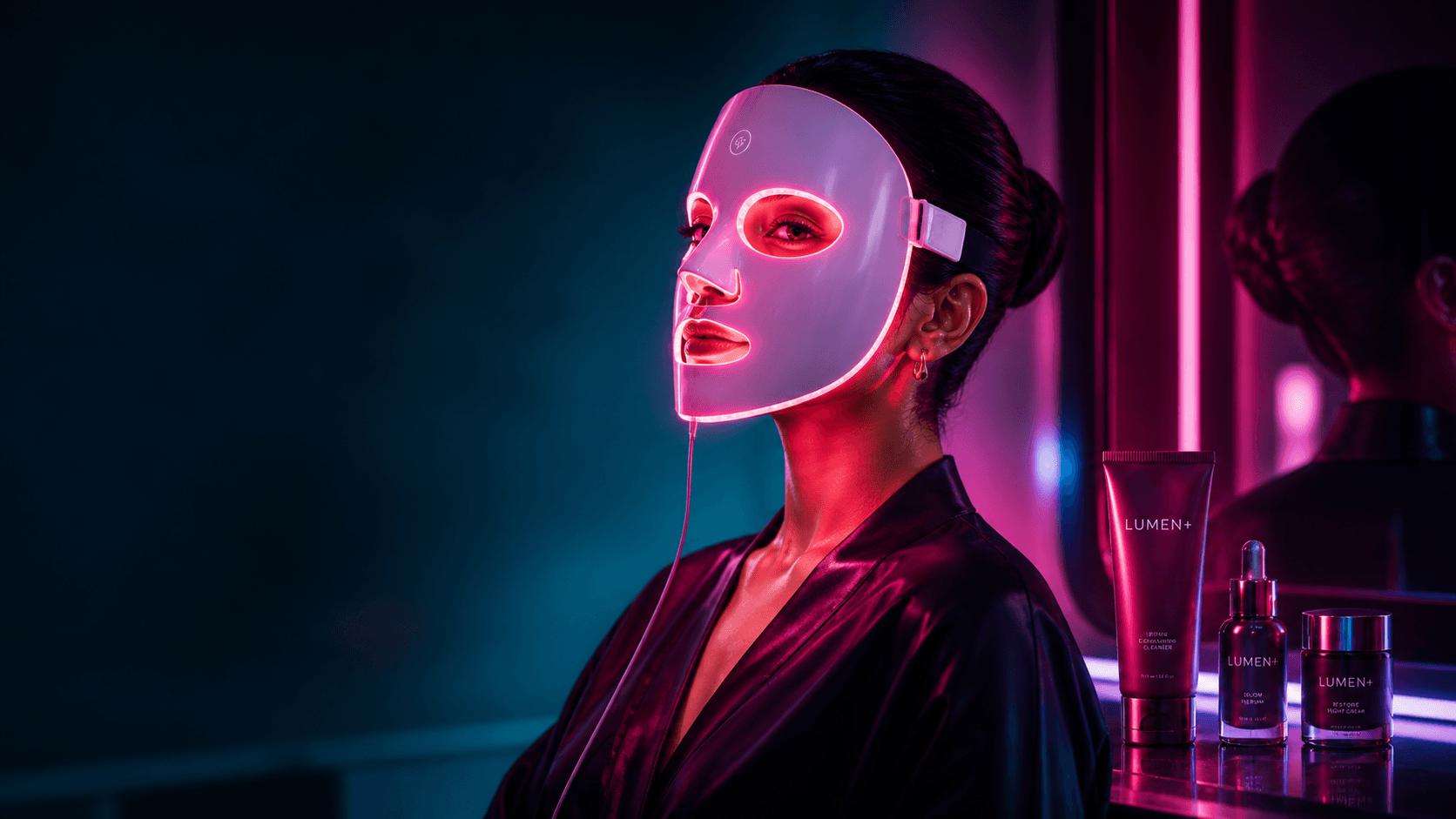 Woman wearing a glowing LED face mask in a futuristic skincare setting