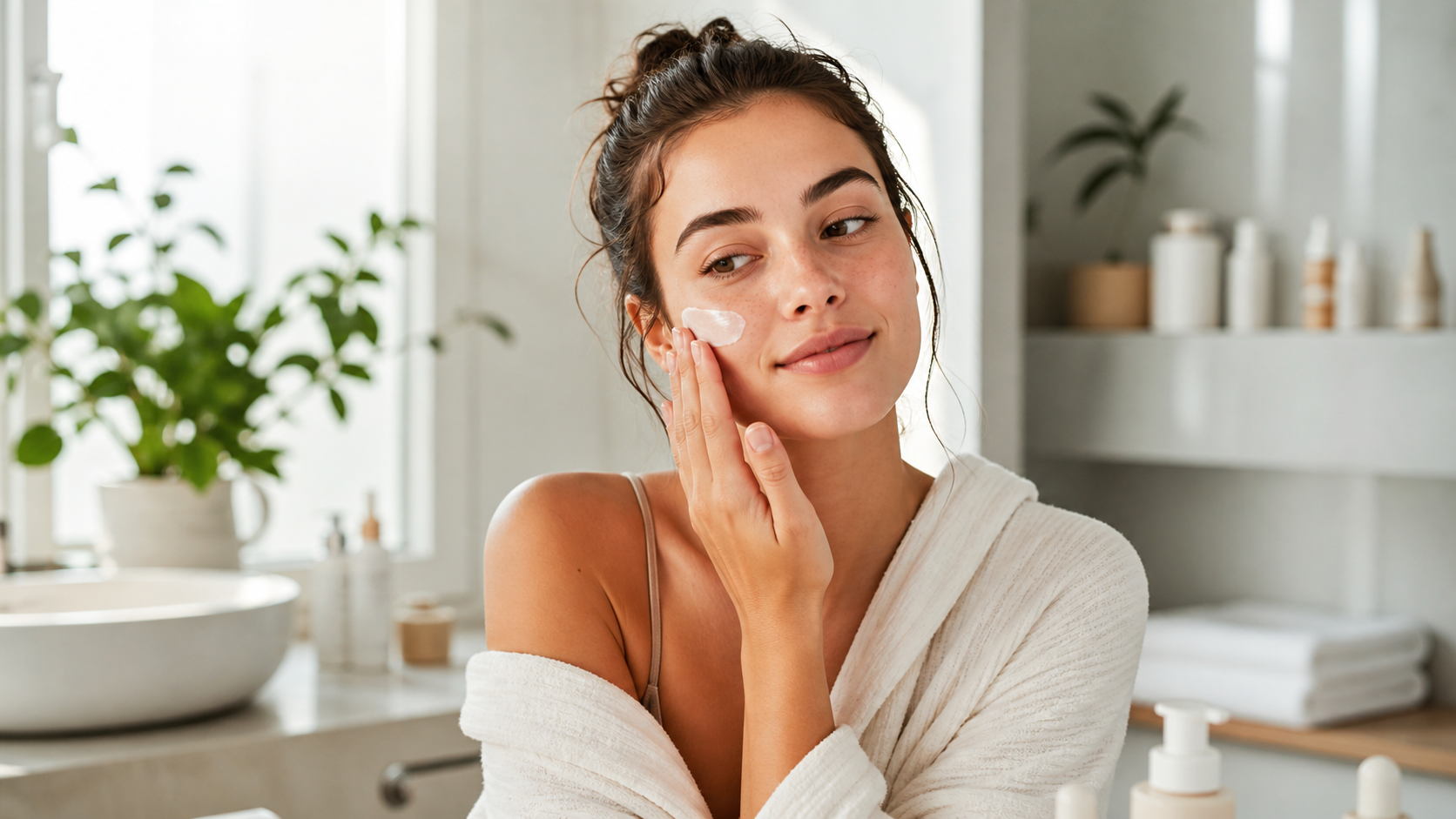 Woman applying skincare in a bright bathroom, representing modern skincare trends