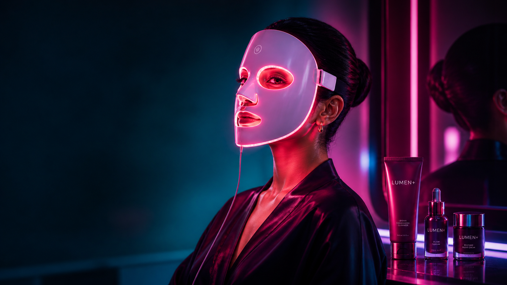 Woman wearing a glowing LED face mask in a futuristic skincare setting